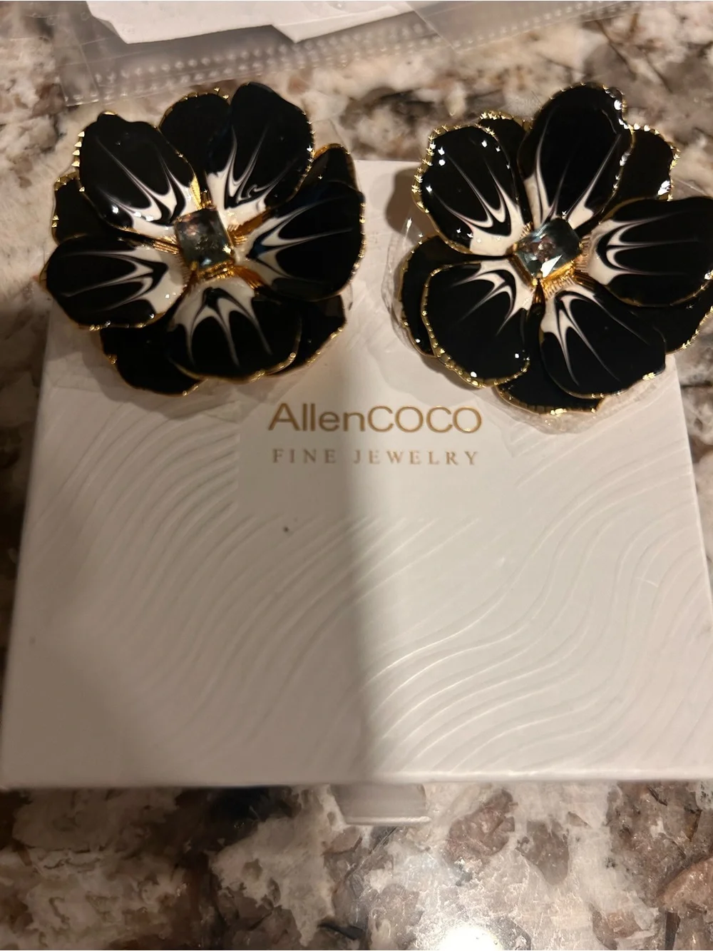Black & White Floral Statement Earrings AllenCOCO Enamel NWT